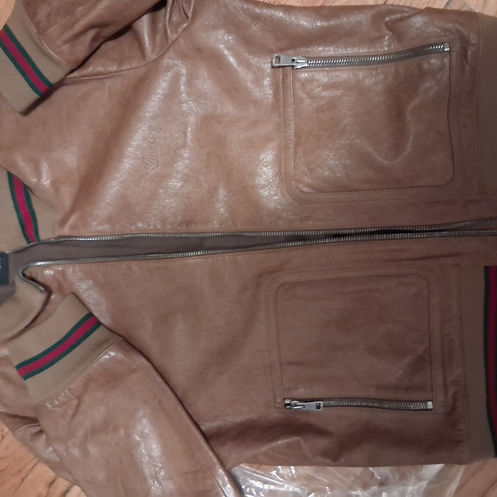 Gucci Brown Leather Bomber Jacket with Signature Stripes